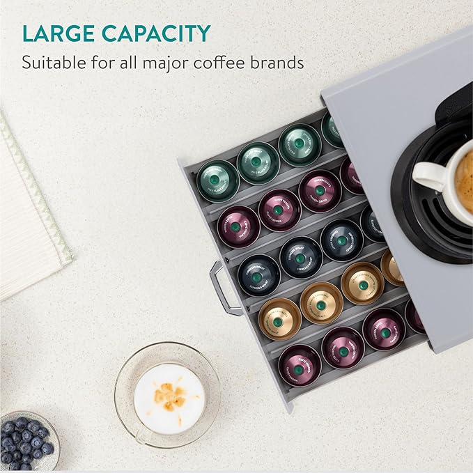 Navaris Coffee Pod Holder Drawer - 50 Capsule Storage Organizer Tray Counter Container - Fits Standard Sizes of Pods and Capsules - 1 Drawer Design - Gray