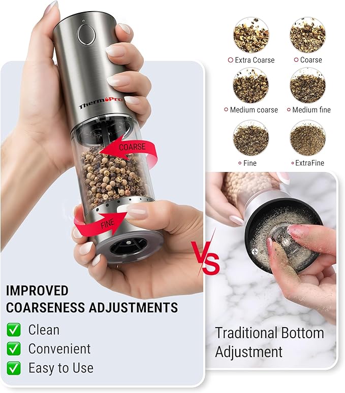 ThermoPro 110ml Electric Salt and Pepper Grinder Set Rechargeable, Automatic Pepper Grinder Shakers with External Adjustment, Refillable Pepper Mill Set with Dust Cover & LED light, Stainless Steel
