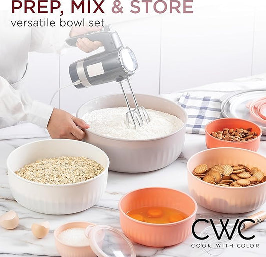 COOK WITH COLOR Prep Bowls with Lids- 12 Piece Nesting Plastic Small Mixing Bowl Set with Lids (Multi Colored), Grey/Pink