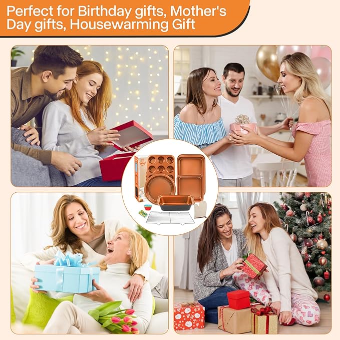 Baking Pans Set 6-Pieces, Non Stick Bakeware Set Stackable, with Cookie Sheet, Muffin, Round/Square Cake Pan, Loaf Pan, Rack, Oven Mitt for Home Baker, Gold