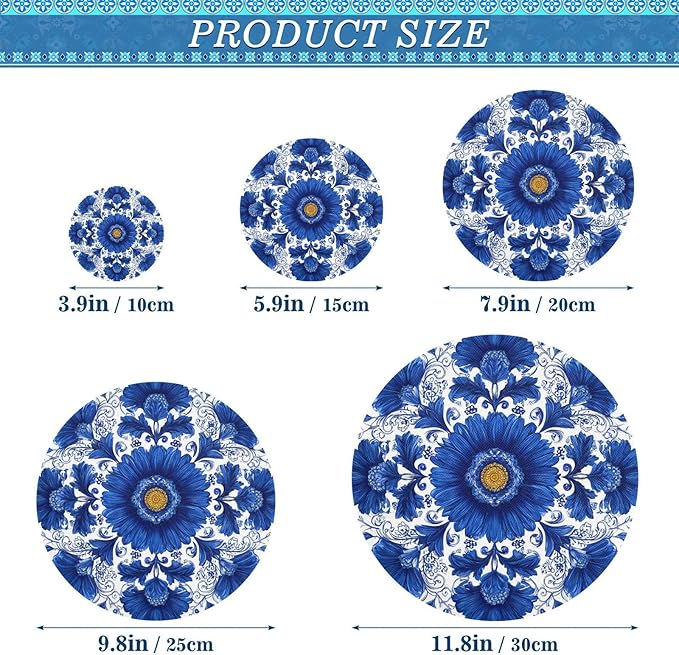 5 Pcs Bowl Covers Reusable in 5 Size Elastic Food Cover Cloth Lids Fresh Keeping Dish Cookware Bakeware Fabric Covers Lids for Food Leftovers Fruits Storage Blue and White Sunflowers