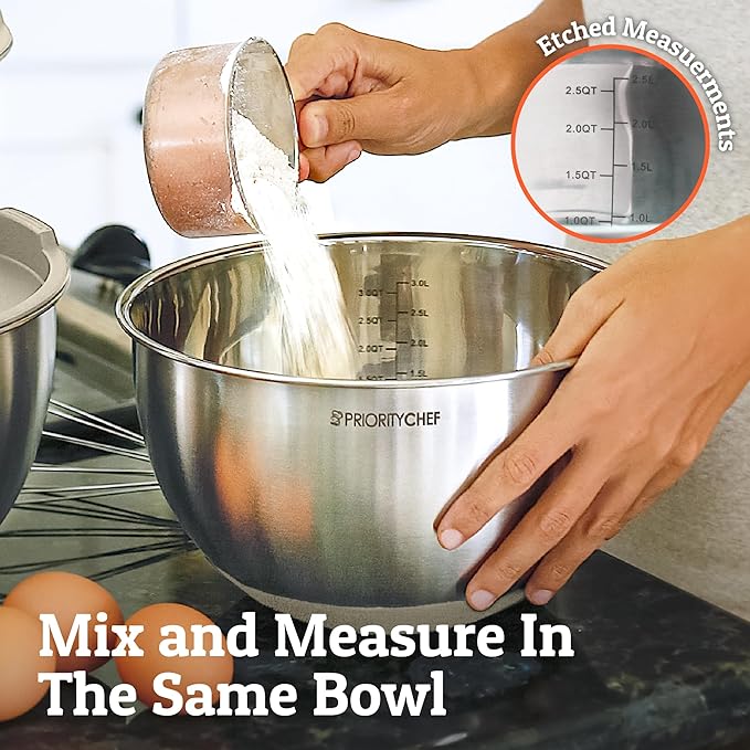 Priority Chef Premium Mixing Bowls With Airtight Lids Set, Thicker Stainless Steel Mixing Bowl Set, Large Prep Metal Bowls with Lids, Nesting Bowls for Kitchen, 1.5/2/3/4/5 Qrt, Khaki