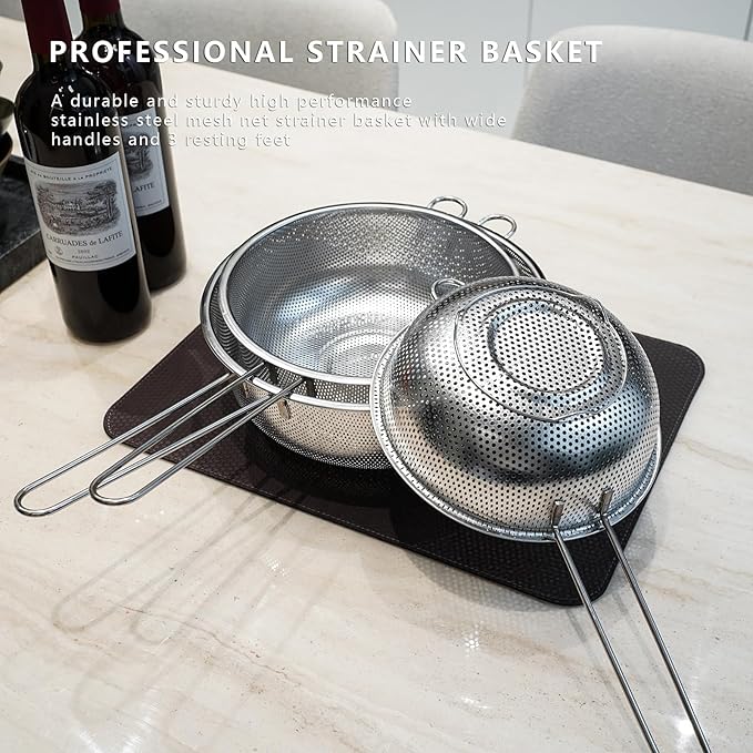 Metal Fine Mesh Strainer and Colander for Kitchen with Handle, Stainless Steel Pasta Strainer/Kitchen Funnel/Collander/Sifter for Strain/Wash Vegetables, Fruits, Spaghetti, Rice (10.2＂)