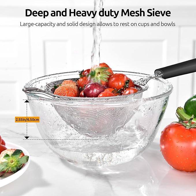 U-Taste Medium Fine Mesh Strainer: 18/8 Stainless Steel 4.73in 30 Mesh Kitchen Food Sieve with Sturdy Riveted Silicone Handle, Heavy Duty Deep Handheld Metal Colander for Rice, Quinoa, Flour (Black)
