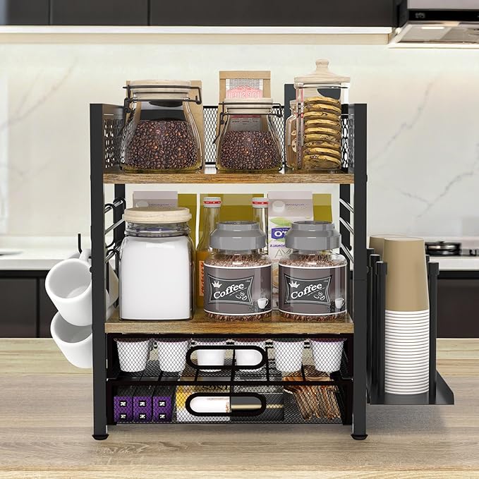 Coffee Bar Organizer - 4 Tier Coffee Station Organizer for Countertop, Coffee Bar Storage with 4 Hooks, with K Cup Storage Drawer and Cup Holder, Multifunctional Shelf for Accessories Kitchen