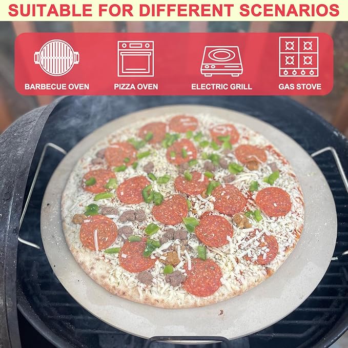 "DcYourHome 16 inch Round Pizza Stone with Rack for Oven, BBQ Grilling, Natural Cordierite Pizza Stone Kit with Pizza Peel & Plastic Scraper for Baking Bread, Universal High Temperature Baking Stone"