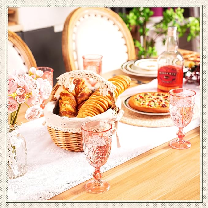 6 Pcs Plastic Goblets 7.5oz Vintage Goblet Plastic Wine Glasses Colored Retro Embossed Water Goblets for Wine Bar Juice Baby Shower Wedding Reception Grand Event Party (Pink)