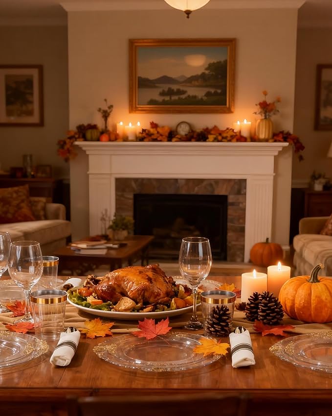 Nervure 350PCS Clear Gold Plastic Plates - Gold Plastic Dinnerware Sets for 50 Guests - 100 Disposable Plates, 150 Silverware, 50 Cups, 50 Napkins for Wedding & Party & Thanksgiving