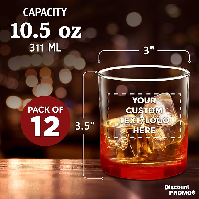 Custom Lexington Rocks Whiskey Glass 10.5 oz, Set of 12, Personalized Bulk Pack - Perfect for Scotch, Bourbon, Whiskey, Cocktail - Red