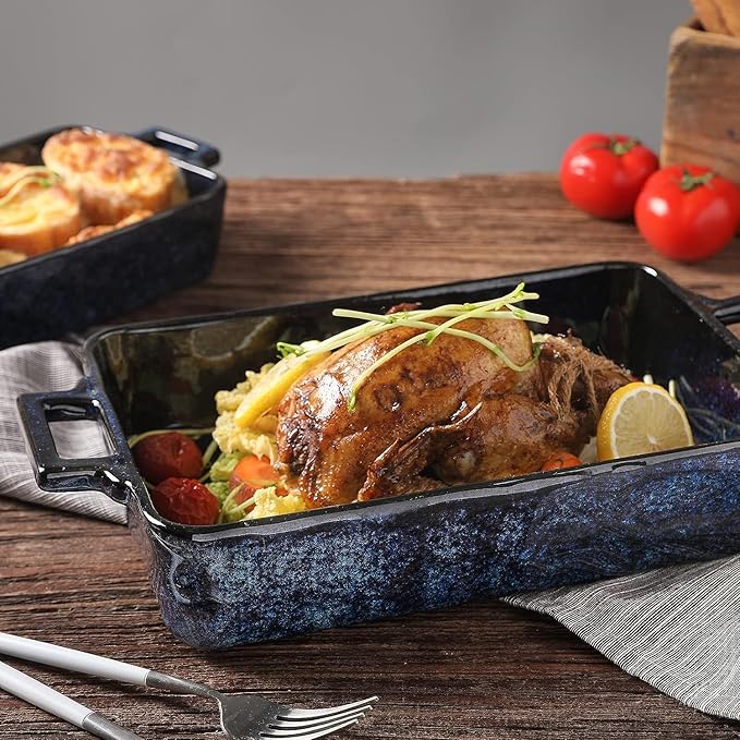 VICRAYS Ceramic Bakeware Set, Porcelain Rectangular Lasagna Pans Casserole Dish Set for Baking, Cooking, Kitchen, Cake Dinner, Banquet and Daily Use, 3 PCS, 15 x 8.5 Inches(Blue)