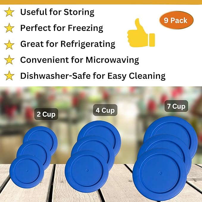 2, 4 & 7 Cup Blue Replacement Lids/Covers for Pyrex, Anchor Hocking & KlareWare Storage Bowls *Lids Only Glass Container Not Included* (9 Pack *Three of Each Size*)