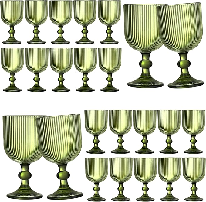 24 Pcs Green Vintage Wine Glasses, 11 Ounces Colored Glass Water Goblets, Unique Embossed Pattern High Clear Stemmed Glassware Wedding Party Bar Glass Drinking Cups Fancy Glasses Vertical Line Set