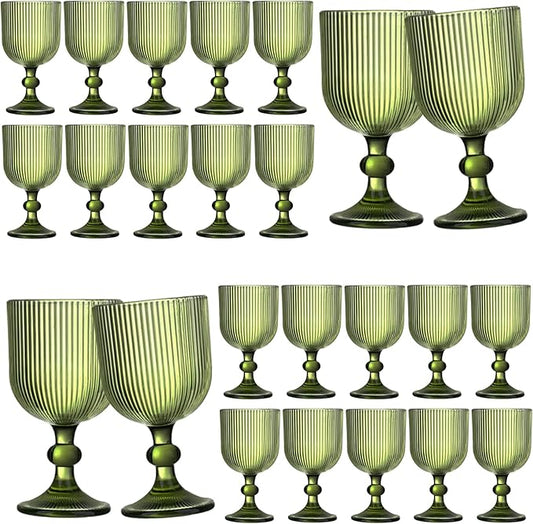 24 Pcs Green Vintage Wine Glasses, 11 Ounces Colored Glass Water Goblets, Unique Embossed Pattern High Clear Stemmed Glassware Wedding Party Bar Glass Drinking Cups Fancy Glasses Vertical Line Set