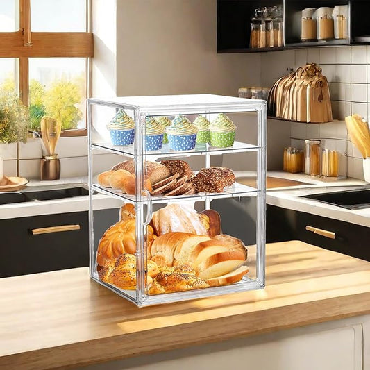 Bread Box for Kitchen Countertop Pastry Display Case 4 Layers Adjustable Clear Bread Storage Container with Magnetic Door Bread Box Bakery Display Case Bread Holder 2 Pack
