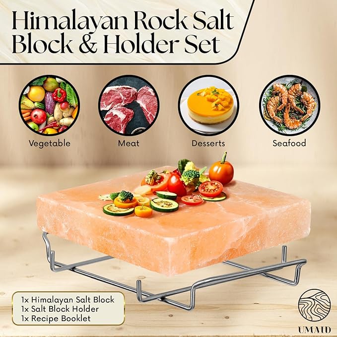UMAID Himalayan Salt Block For Grilling, Cooking, Cutting and Serving,8X8X1.5 Food Grade Himalayan Pink Salt Stone on Stainless Steel Plate & Recipe Pamphlet, Unique Gifts for Men, Women, Chef, Cooks
