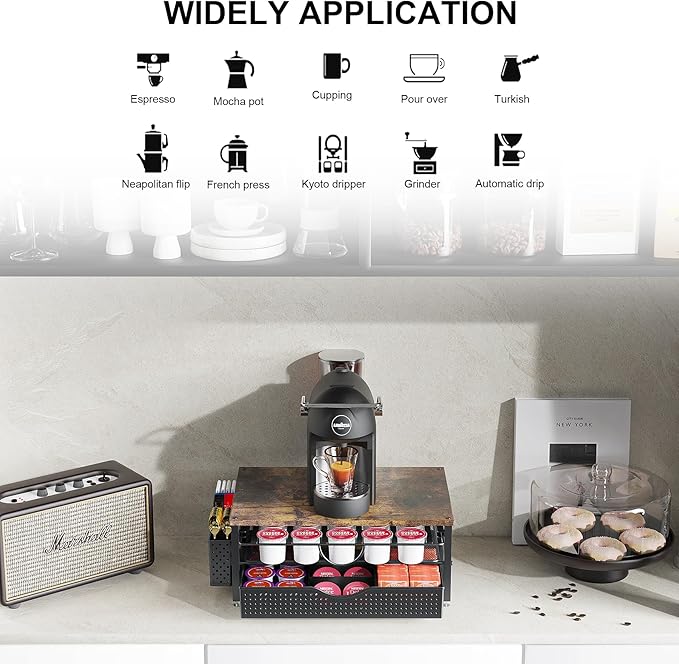 K Cup Holder, Coffee Pod Holder with 2 Tier Sliding Storage Drawer and 1 Hanging Basket for 51 Large or 73 Small Capsule,K Cup Coffee Station Organizer Accessories for Counter,Home,Office,Kitchen