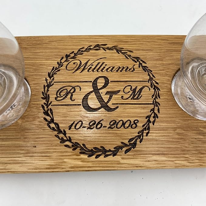 Personalized Premium 4 Glass Whiskey Flight/Engraved Center/Personalized Gift/Crystal Glass Option/Natural Oak Color (Wedding/Anniversay)