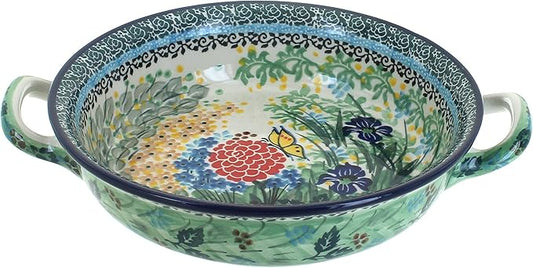 Blue Rose Polish Pottery - Green Teresa Small Round Casserole with Handles - 8.25" Diameter - Unique, Dishwasher Safe, & Durable Bakeware