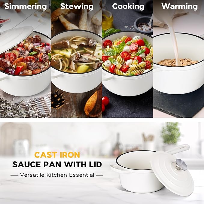 Onader 2 Quart Saucepan Dutch Oven, Enameled Cast Iron Sauce Pan Pot with Lid, Small Cooking Kitchen Pot, Nonstick & Oven Safe – White