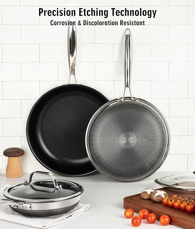 Nonstick Frying Pan Set with 3 Lids, 6 Piece Non-Toxic Titanium Ceramic Skillet, 8, 10 & 12 Inch Stainless Steel Pans, PFAS/PFOA/PTFE Free, Dishwasher & Oven Safe, All Cooktops Compatible