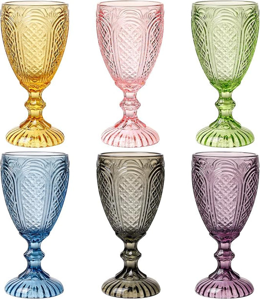 Colored Wine Glasses set of 6 glass goblets, vintage Colored glassware, drinking glasses for a baby shower, wedding, birthday ,or fancy glassware for everyday,Wedding，Engagement，Birthday Gifts