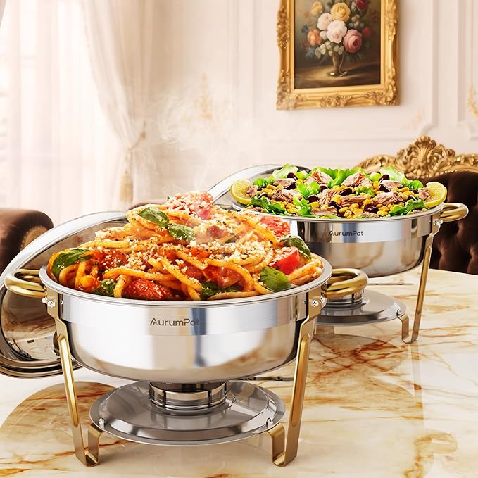 Chafing Dishes for Buffet 2 Pack, 6QT Food Warmers for Parties Buffet, Christmas Gatherings [Elegant Gold and Silver Colors] Stainless Steel Round Chafing Dish Buffet Set,Buffet Servers and Warmers