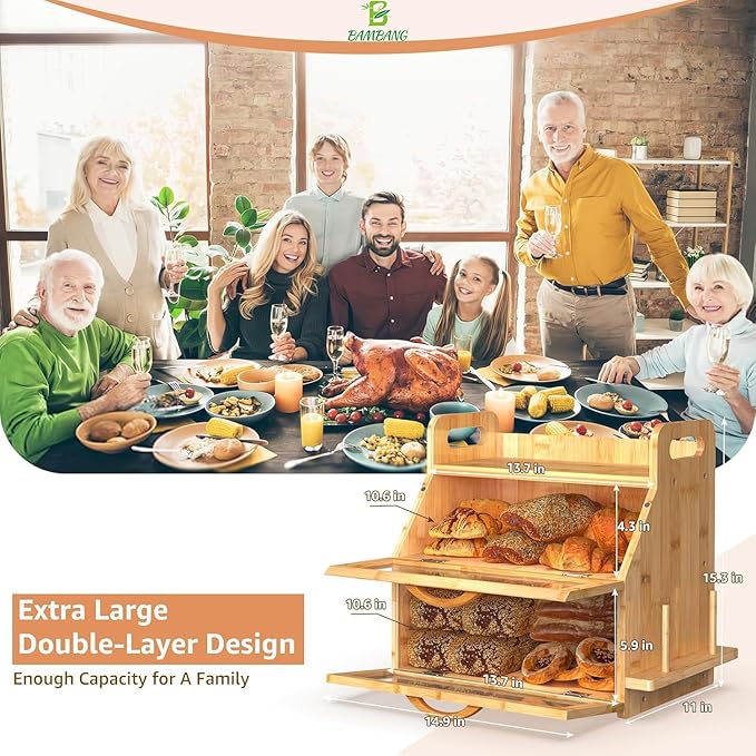 BAMBANG Extra Large Bread Box, Double Layer Bread Box for Homemade Bread, Bamboo Wooden Bread Storage Container with Tool Holder & Handles & Window, Assembly Required(14.9" x 11" x 15.3") Natural