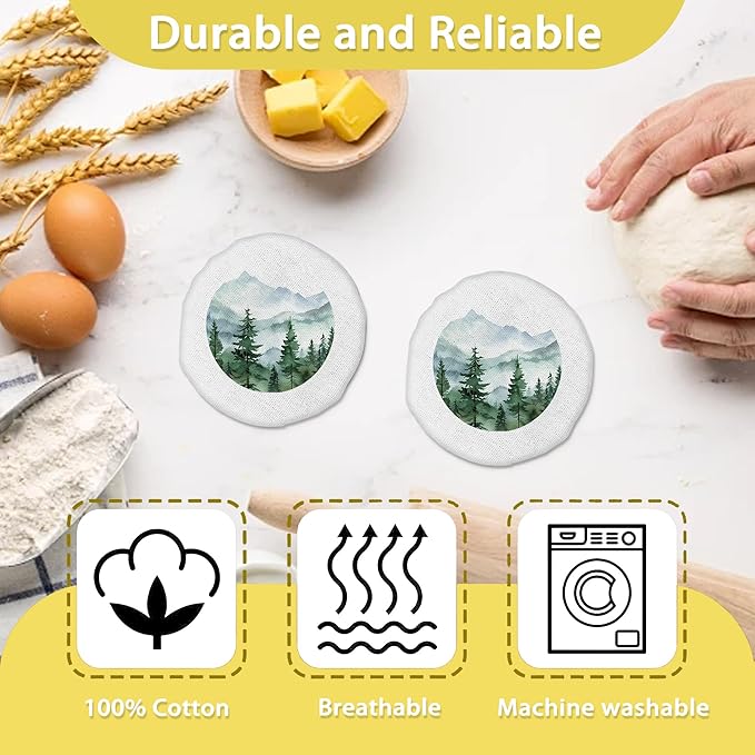 Sourdough Starter Jar Covers,5-Pack Reusable Misty Forest Mountain Cloth Lids for 3-4 Inch Jars,Ideal for Kombucha Kefir or Cheese Fermentation