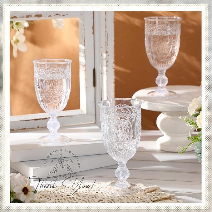 60 Pack Plastic Goblets 10oz Upgrade Vintage Water Goblet Plastic Wine Glasses Colored Retro Embossed Glassware for Party Wine Bar Juice Baby Shower Wedding Reception Grand (Clear)