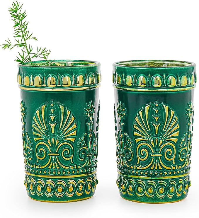 Sungmor Vintage Green and Gold Tumblers - Set of 2 Embossed Glasses, 10.8 oz Decorative Drinking Cups for Water, Juice or Cocktails - Elegant Baroque Glassware for Party or Special Occasions