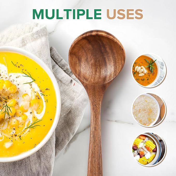 Wooden Soup Spoon for Cooking, Teak Acacia Soup Ladle, Non-Toxic Natural Wood Serving Spoon for Gravy Sauce Porridge, Long Handle Deep Scooper Server Utensil, No-Scratch Cookware Surface,10.6″