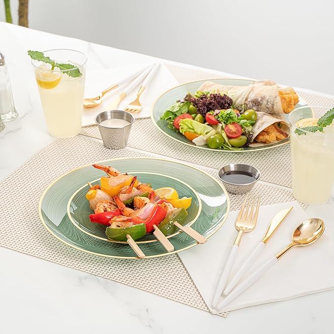 Restaurantware Plastic Plates 200 Pcs 7.13" and 10" Combo Gold Rimmed Plate Set Disposable Heavy-Duty Green Translucent Rippled Plastic Dinner Servers for Party, Weddings, Salads, Desserts