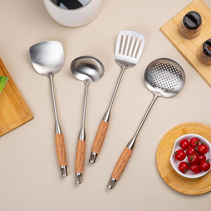 FJNATINH Wok Utensils - Wok Spatula Metal Set, 4-Pieces 14-15 Inch Extra Long, Wok Tools Professional Set, Wooden Handle Skimmer, Soup Ladle, Slotted Turner