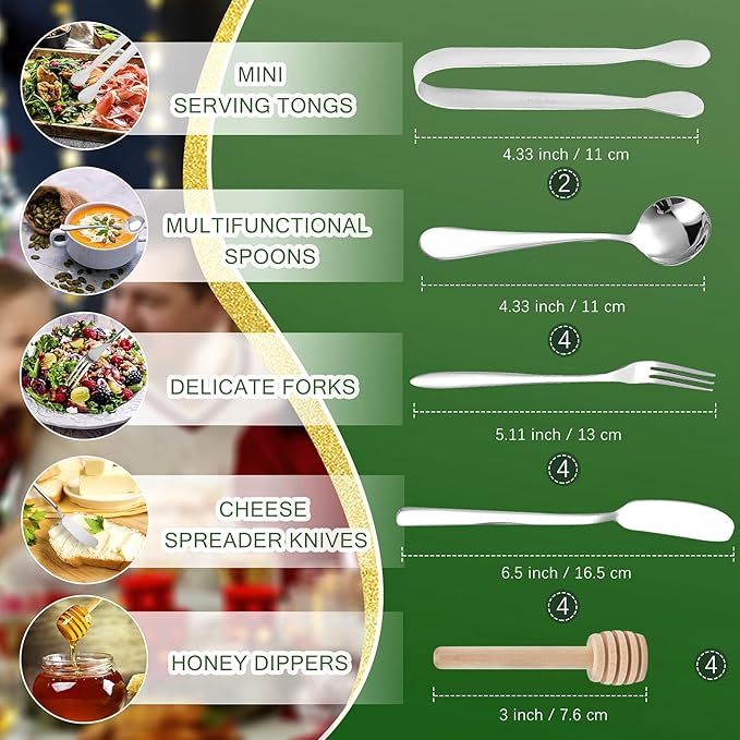 Charcuterie Board Accessories, 18 Pcs Silver Stainless Steel Spreader Knives Set Include Mini Serving Tongs, Cheese Butter Knives, Spoons, Forks, Honey Dippers