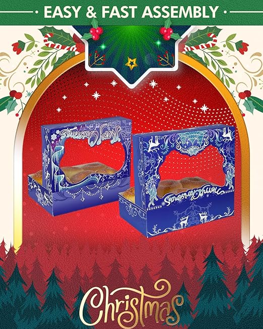 qiqee Christmas Blue Purple Cookie Boxes for Gift Giving 8x5.3x2 inch 24Packs Christmas Bakery Box with Window Treat Box for Donuts Candies and Biscuit