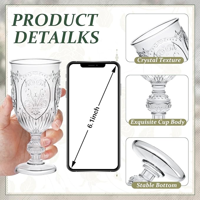 48 Pcs Plastic Goblets 7.5oz Vintage Goblet Plastic Wine Glasses Colored Retro Embossed Water Goblets for Wine Bar Juice Baby Shower Wedding Reception Grand Event Party (Clear)