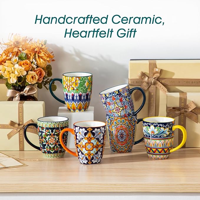 vancasso 12 oz Coffee Mugs Set of 6, Ceramic Mug with Handle, Boho Coffee Cups for Latte, Cappuccino & Hot Chocolate, Dishwasher & Microwave Safe Gift Set, Series SIMI