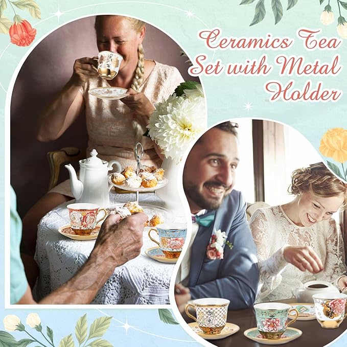 Set of 6 Tea Cups and Saucers Tea Party Decorations Floral Porcelain 5.4 oz British Gift for Women Birthday Party, Church, and Mother's Day (Stylish Style,5.4 oz)