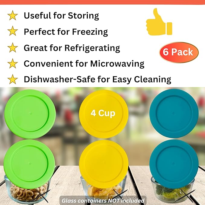 4 Cup/950 mL Turquoise Yellow Spring Green Replacement Lids/Covers for Pyrex 7201-PC, 32oz Anchor Hocking & KlareWare Storage Bowls *Lids Only Glass Container Not Included* (6 Pack, Turq/Y/Spring Grn)