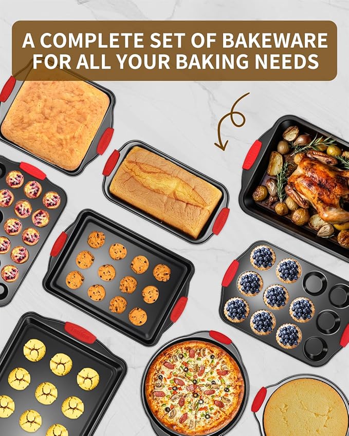Baking Pans Set with Silicone Handles, 34 PCS Nonstick Bakeware Sets, Oven Pan Set Includes Baking Tray, Cookie Sheet, Cake Pans, Loaf Pan, Muffin Pan, Pizza Pan