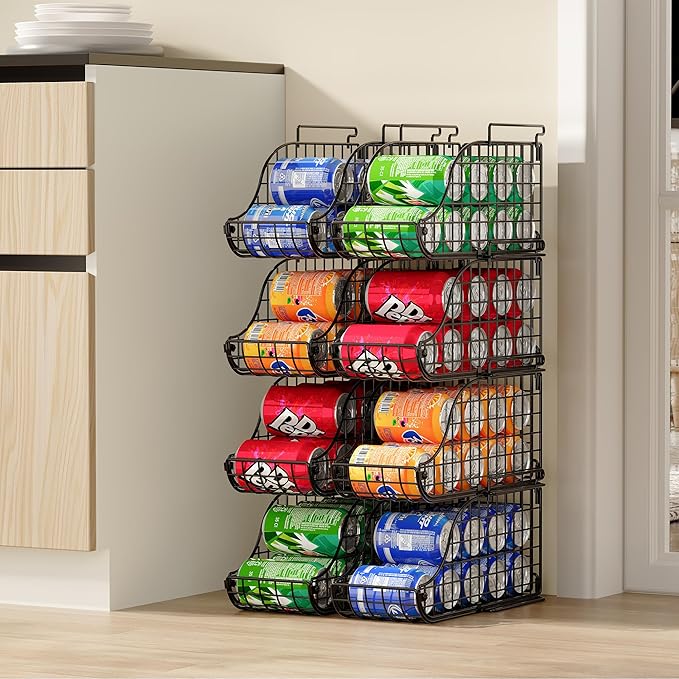 Standing Can Dispenser Bin 3-Pack, Stackable Beverage Drink Pop Soda Can Storage Organizer Basket with Handles, Foldable Canned Food Holder for Kitchen Pantry Countertop Cabinet Patent Pending