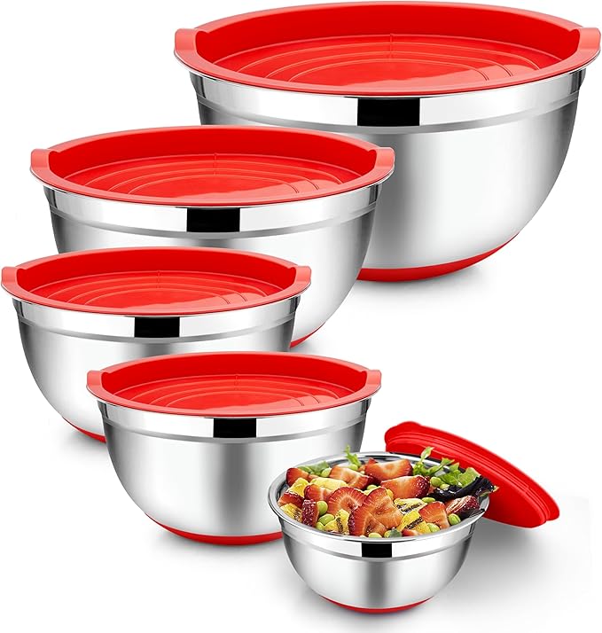 TeamFar Mixing Bowls with Lids Set, 7/3.5/2.5/1.5/1 QT, Stainless Steel Large Red Nesting Metal Salad Mixing Bowl Set of 5, Healthy & Easy Clean, Airtight Lid & Non-slip Bottom