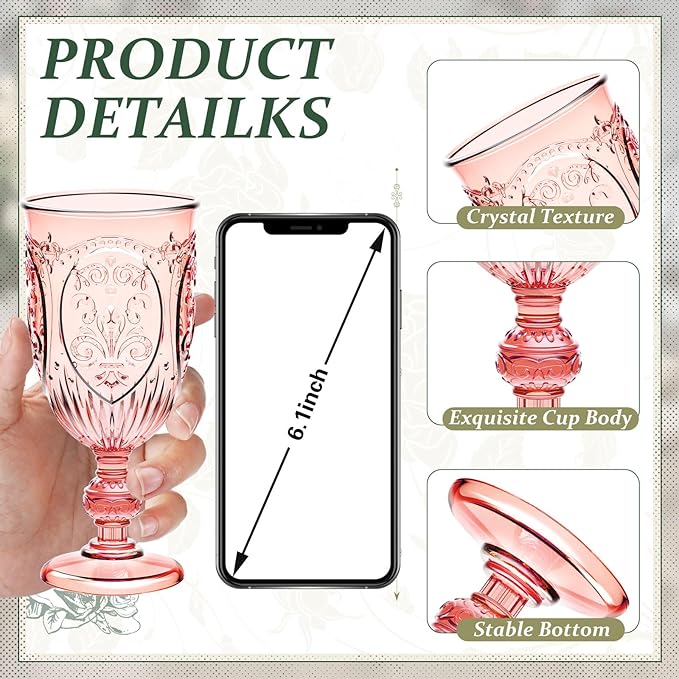 48 Pcs Plastic Goblets 7.5oz Vintage Goblet Plastic Wine Glasses Colored Retro Embossed Water Goblets for Wine Bar Juice Baby Shower Wedding Reception Grand Event Party (Pink)