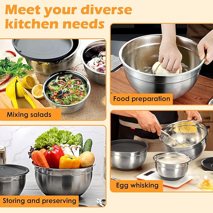 Mixing Bowls with Lids Set of 3,Stainless Steel Mixing Bowls with 3 Grater Attachments,Metal Nesting Salad Bowl for Cooking,Prepping, Serving Food,Stackable Design,Size 4.5/2.5/1.5 QT (Black)