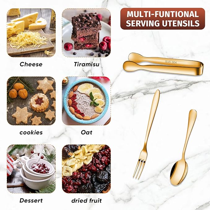 Cunhill 24 Pcs Charcuterie Accessories Mini Cocktail Tongs Small Serving Spoons and Appetizer Forks Stainless Steel Tongs Charcuterie Utensils for Valentine Party Supplies(Vivid Sharp Spoon,Golden)