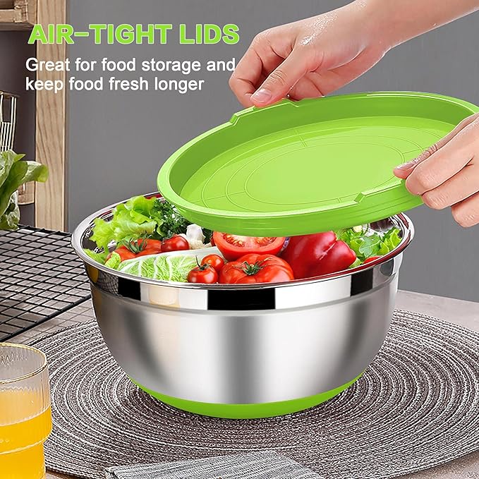 LIANYU Nesting Mixing Bowls Set of 6 with Airtight Lids, Size 7, 3.5, 2.5, 2, 1.5, 1QT, Large Stainless Steel Metal Bowls for Baking Cooking Food Storage, Non-slip Bottom, Colorful