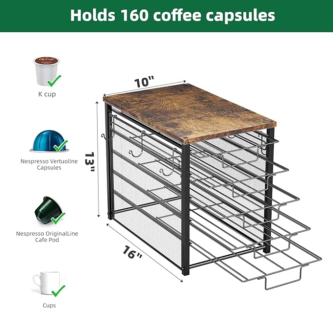 Simple Trending 5 Tier Coffee Pod Holder for K Cup, 160 Pod Pack Capacity Rack, Wood, Black