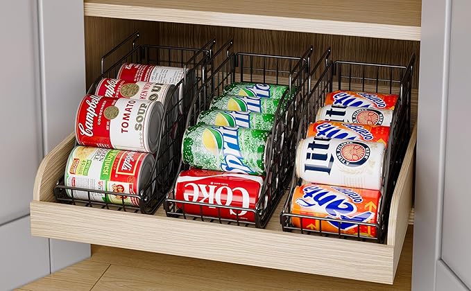 Standing Can Dispenser Bin 3-Pack, Stackable Beverage Drink Pop Soda Can Storage Organizer Basket with Handles, Foldable Canned Food Holder for Kitchen Pantry Countertop Cabinet Patent Pending