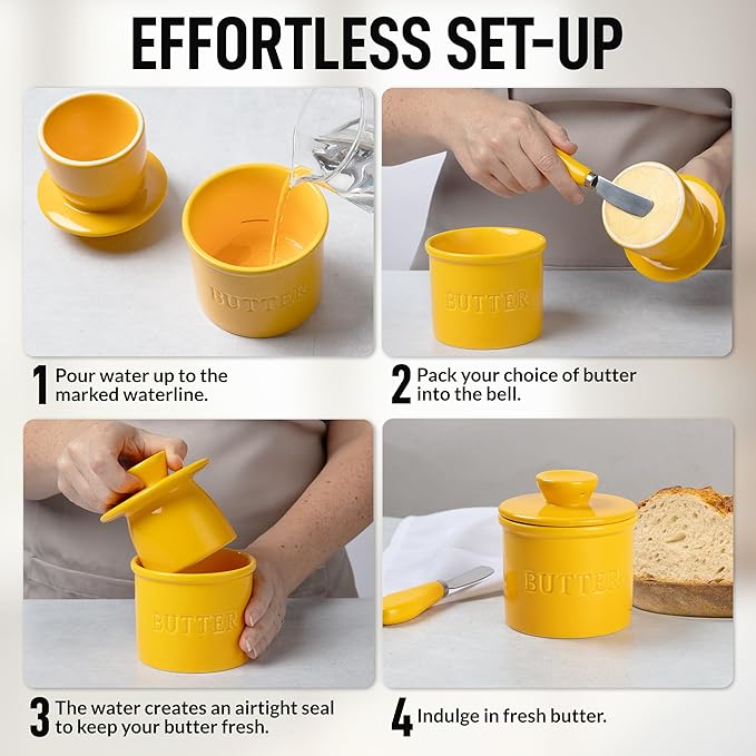 Zulay Kitchen Porcelain Butter Crock With Lid & Knife - Authentic French Butter Dish For Fresh & Spreadable Butter - Yellow