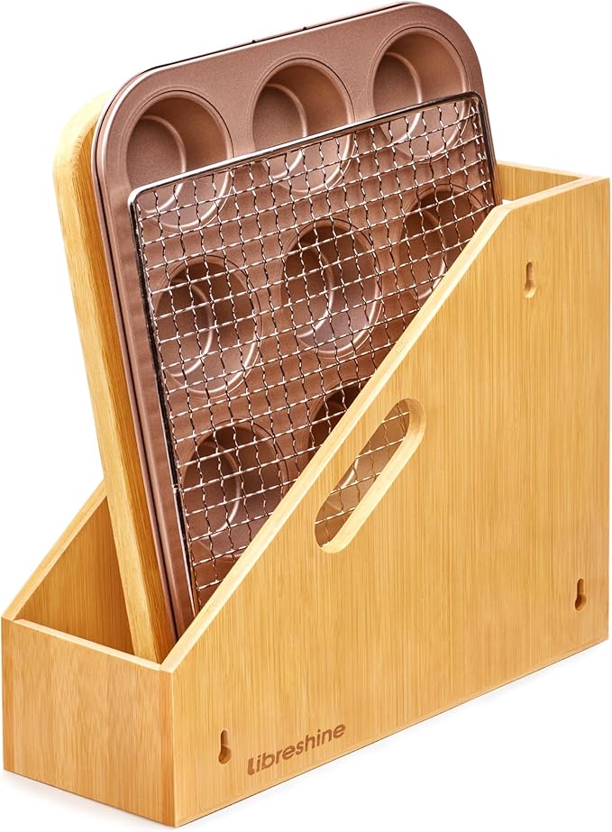 Slim Bamboo Storage Bin with Handles – Heavy-Duty Organizer for Pans, Lids, Cutting Boards, Snacks & More | Open-Front & No-Drill Wall Mount | Kitchen, Pantry, Bathroom & Office Use